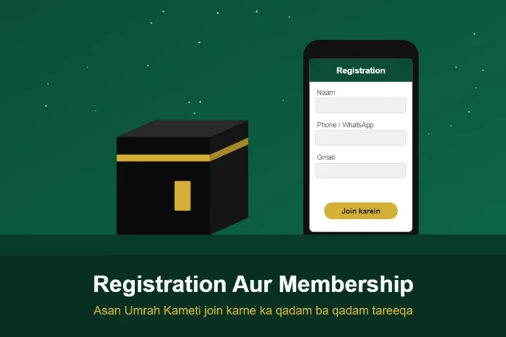 Mobile phone par Asan Umrah Kameti registration form aur Khana Kaaba ki illustration