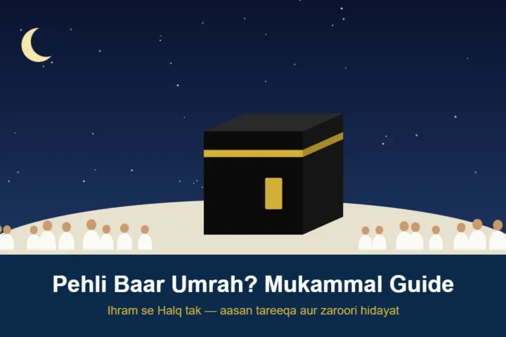 Khana Kaaba ke gird Ihram pehne zaireen ki illustration — pehli baar Umrah guide